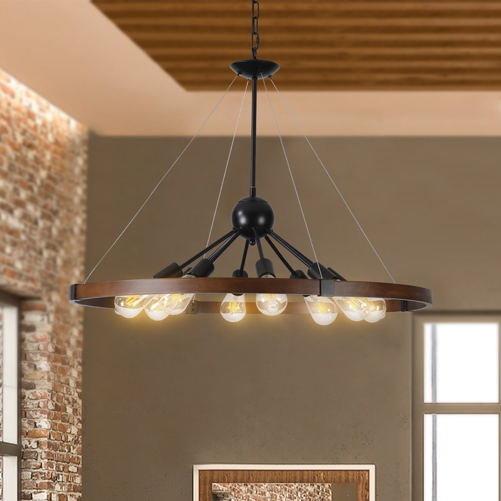 Brown Eight Light Metal Chandelier With Brown Shades