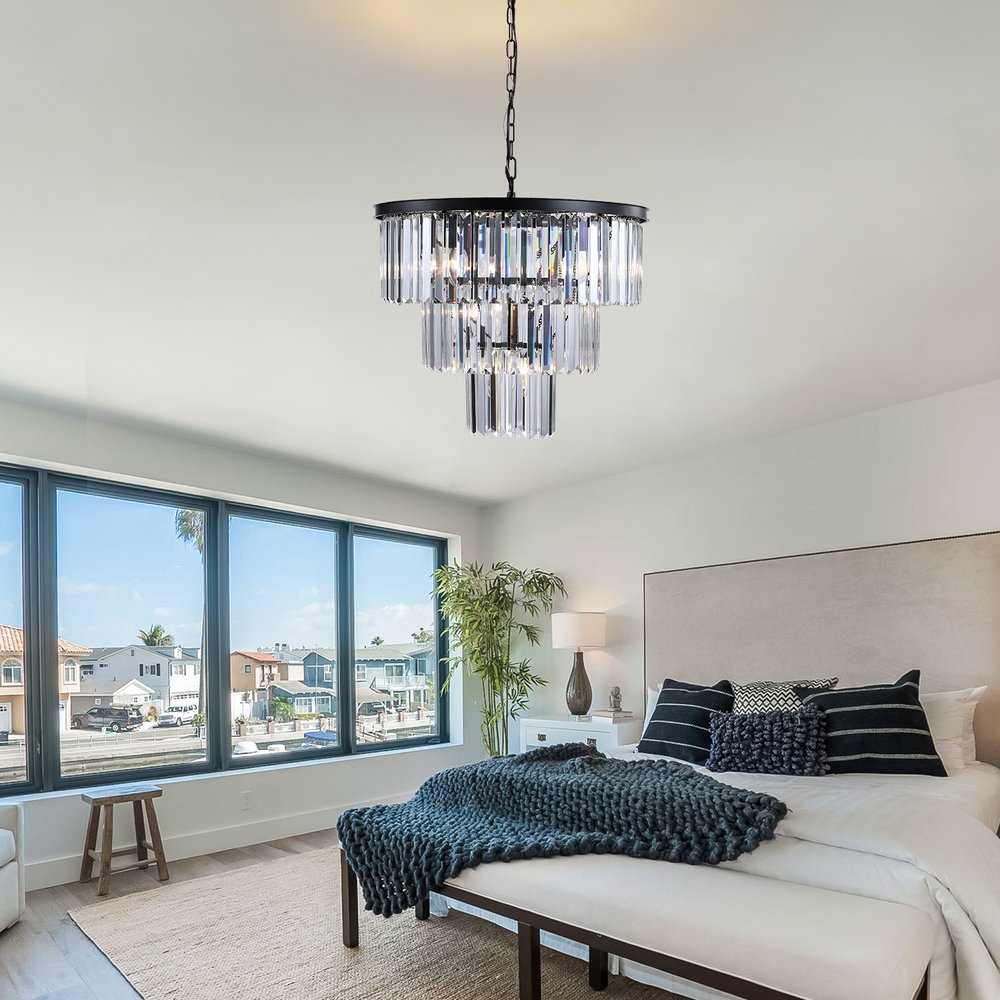 Black Seven Light Metal Chandelier With Black Shades