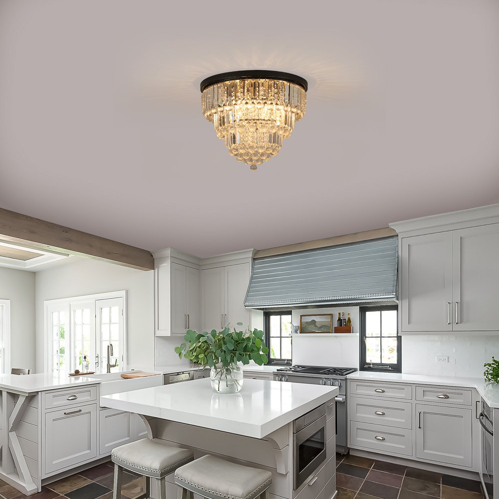 Black Six Light Crystal Flush Chandelier With Black Shades
