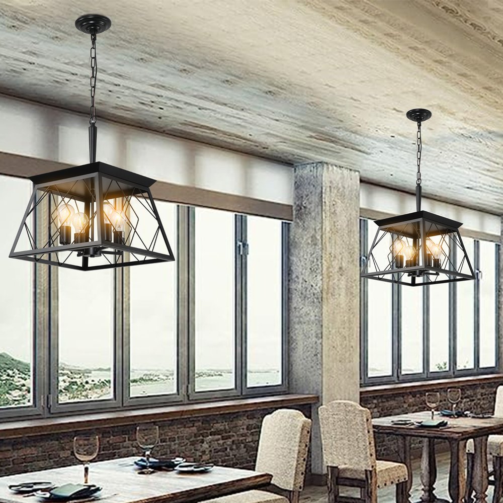 Black Four Light Metal Chandelier With Black Shades