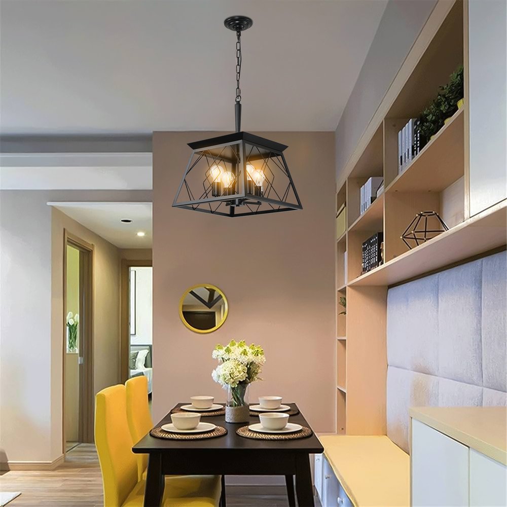 Black Four Light Metal Chandelier With Black Shades