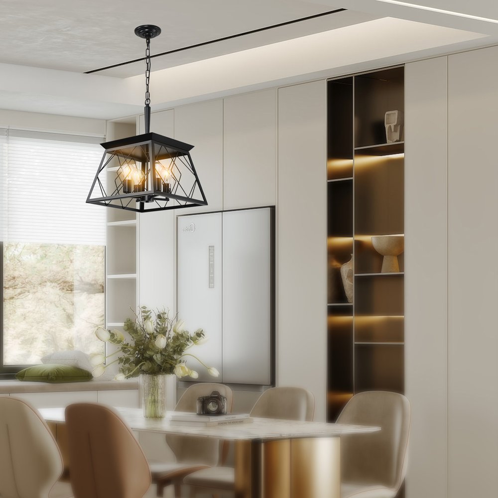 Black Four Light Metal Chandelier With Black Shades