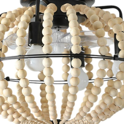 Natural Wood Bead Four Light Semi-Flush Mount Ceiling Fan And Light