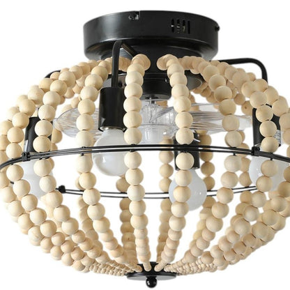 Natural Wood Bead Four Light Semi-Flush Mount Ceiling Fan And Light