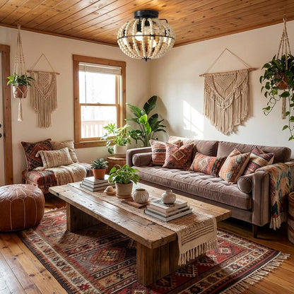 Natural Wood Bead Four Light Semi-Flush Mount Ceiling Fan And Light