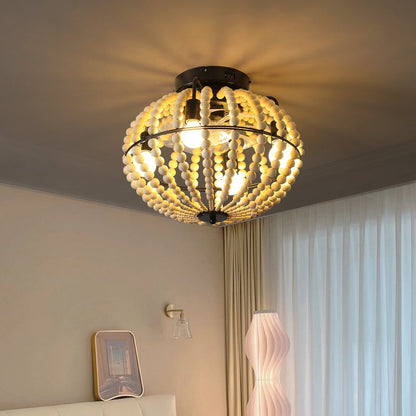 Natural Wood Bead Four Light Semi-Flush Mount Ceiling Fan And Light