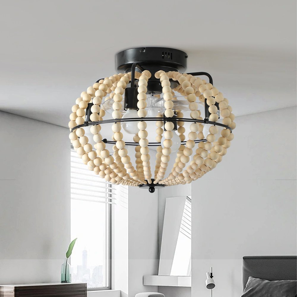 Natural Wood Bead Four Light Semi-Flush Mount Ceiling Fan And Light