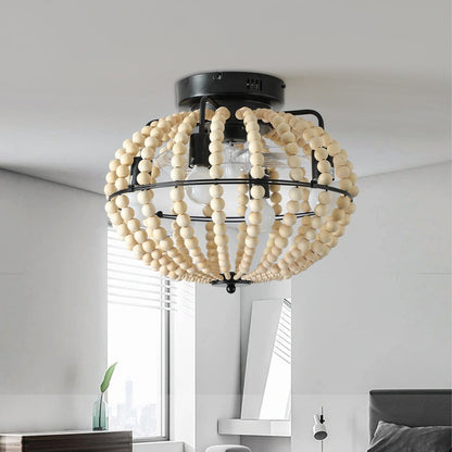 Natural Wood Bead Four Light Semi-Flush Mount Ceiling Fan And Light