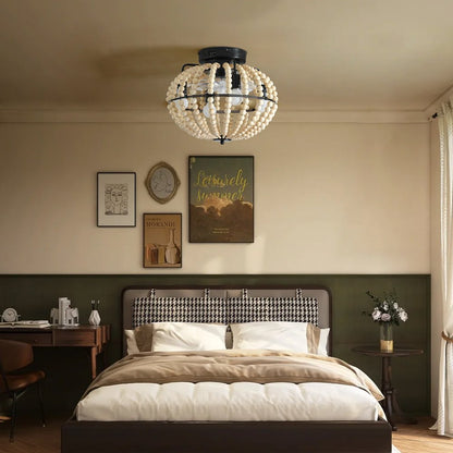 Natural Wood Bead Four Light Semi-Flush Mount Ceiling Fan And Light