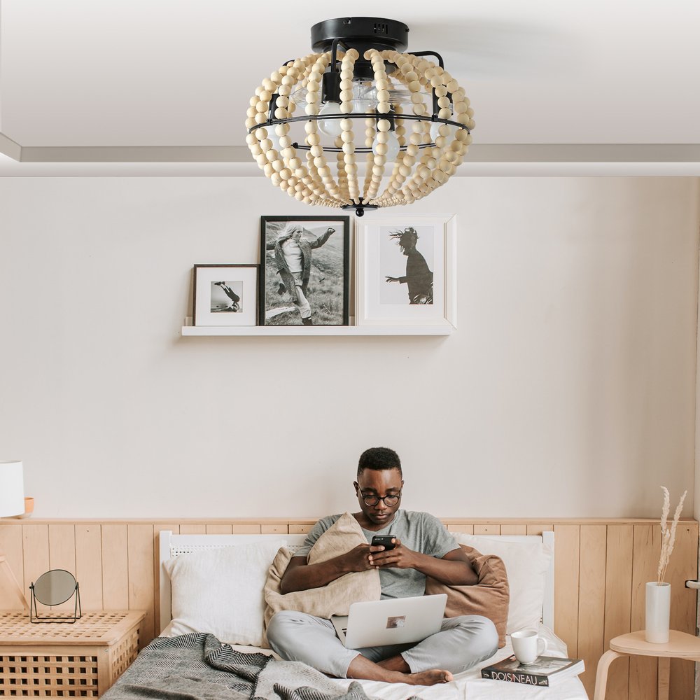 Natural Wood Bead Four Light Semi-Flush Mount Ceiling Fan And Light