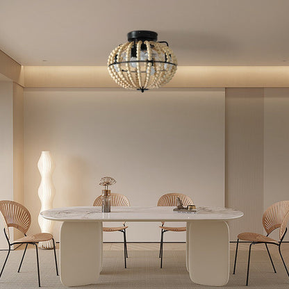 Natural Wood Bead Four Light Semi-Flush Mount Ceiling Fan And Light
