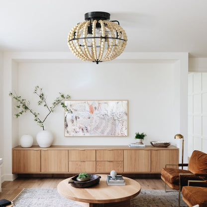 Natural Wood Bead Four Light Semi-Flush Mount Ceiling Fan And Light