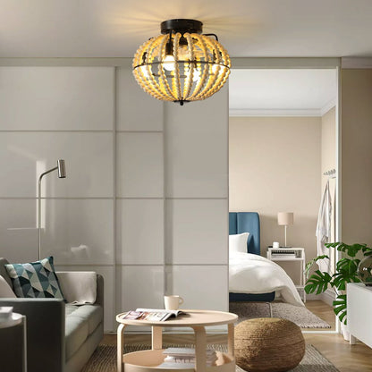 Natural Wood Bead Four Light Semi-Flush Mount Ceiling Fan And Light