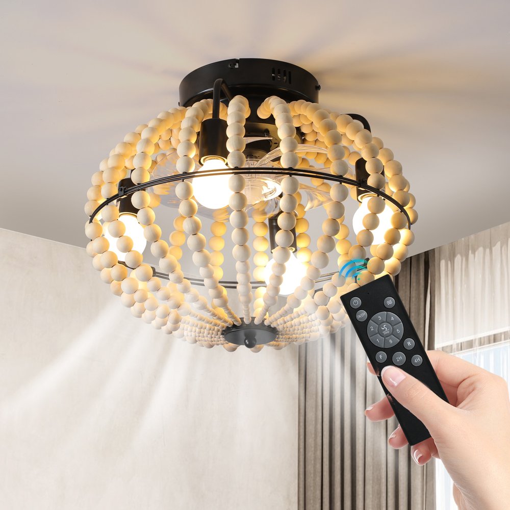 Natural Wood Bead Four Light Semi-Flush Mount Ceiling Fan And Light