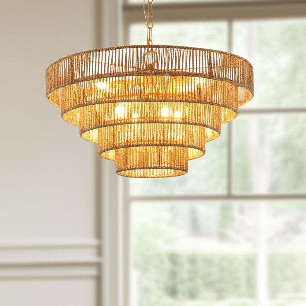 Brown Eight Light Metal Chandelier With Brown Shades