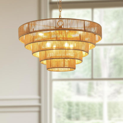 Brown Eight Light Metal Chandelier With Brown Shades