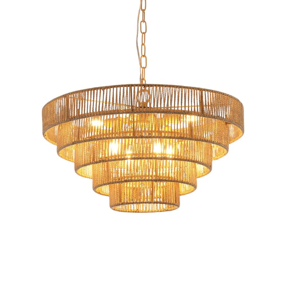 Brown Eight Light Metal Chandelier With Brown Shades