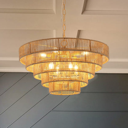 Brown Eight Light Metal Chandelier With Brown Shades