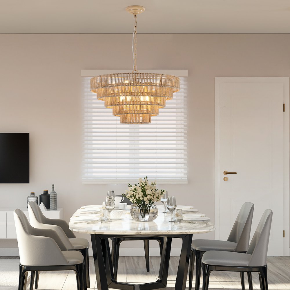 Brown Eight Light Metal Chandelier With Brown Shades