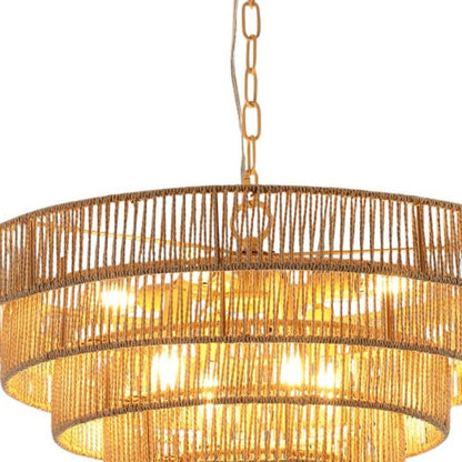 Brown Eight Light Metal Chandelier With Brown Shades