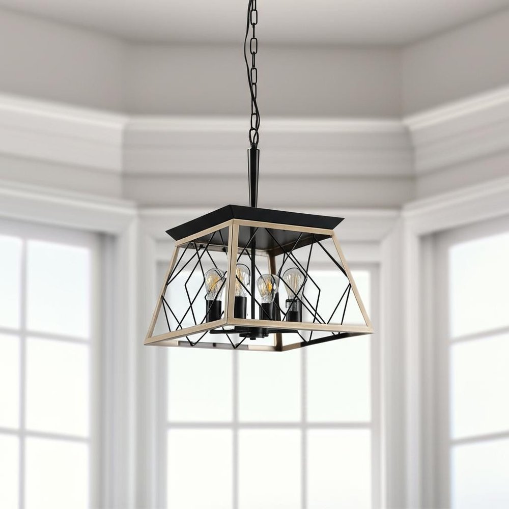 Oak Four Light Metal Chandelier With Oak Shades