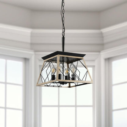 Oak Four Light Metal Chandelier With Oak Shades