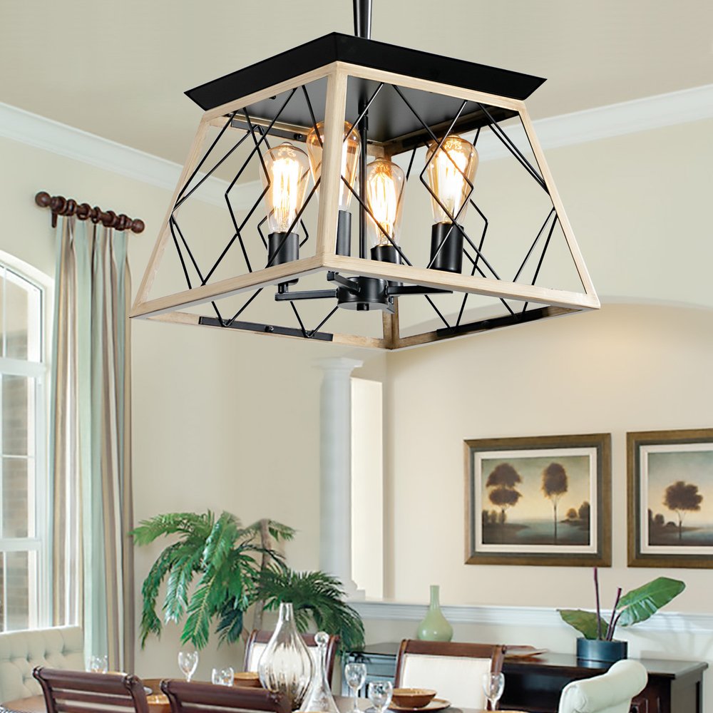 Oak Four Light Metal Chandelier With Oak Shades