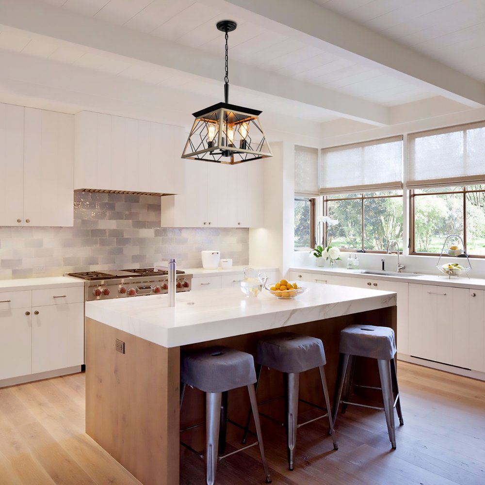 Oak Four Light Metal Chandelier With Oak Shades