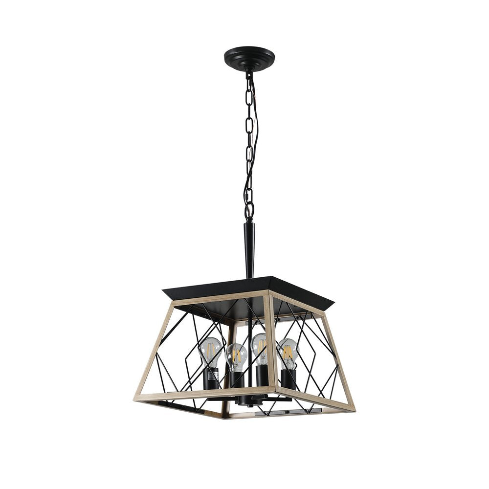 Oak Four Light Metal Chandelier With Oak Shades