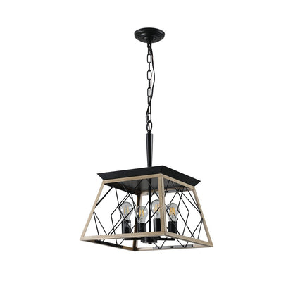 Oak Four Light Metal Chandelier With Oak Shades