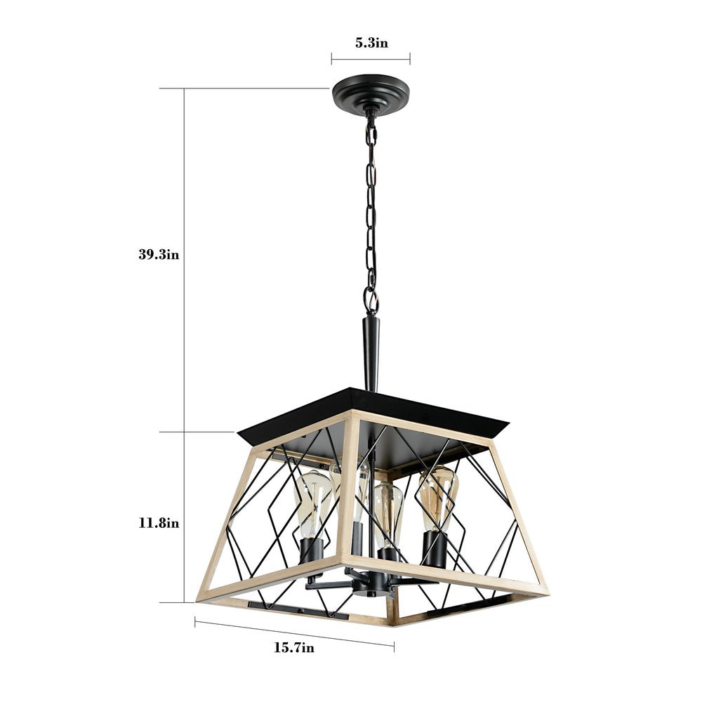 Oak Four Light Metal Chandelier With Oak Shades