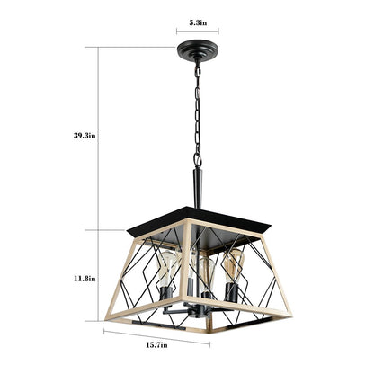 Oak Four Light Metal Chandelier With Oak Shades