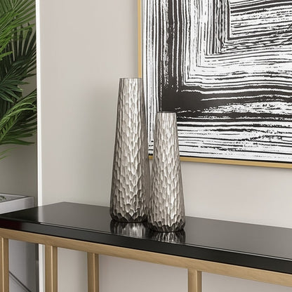 Set of Two Silver Cast Aluminum Textured Table Vases