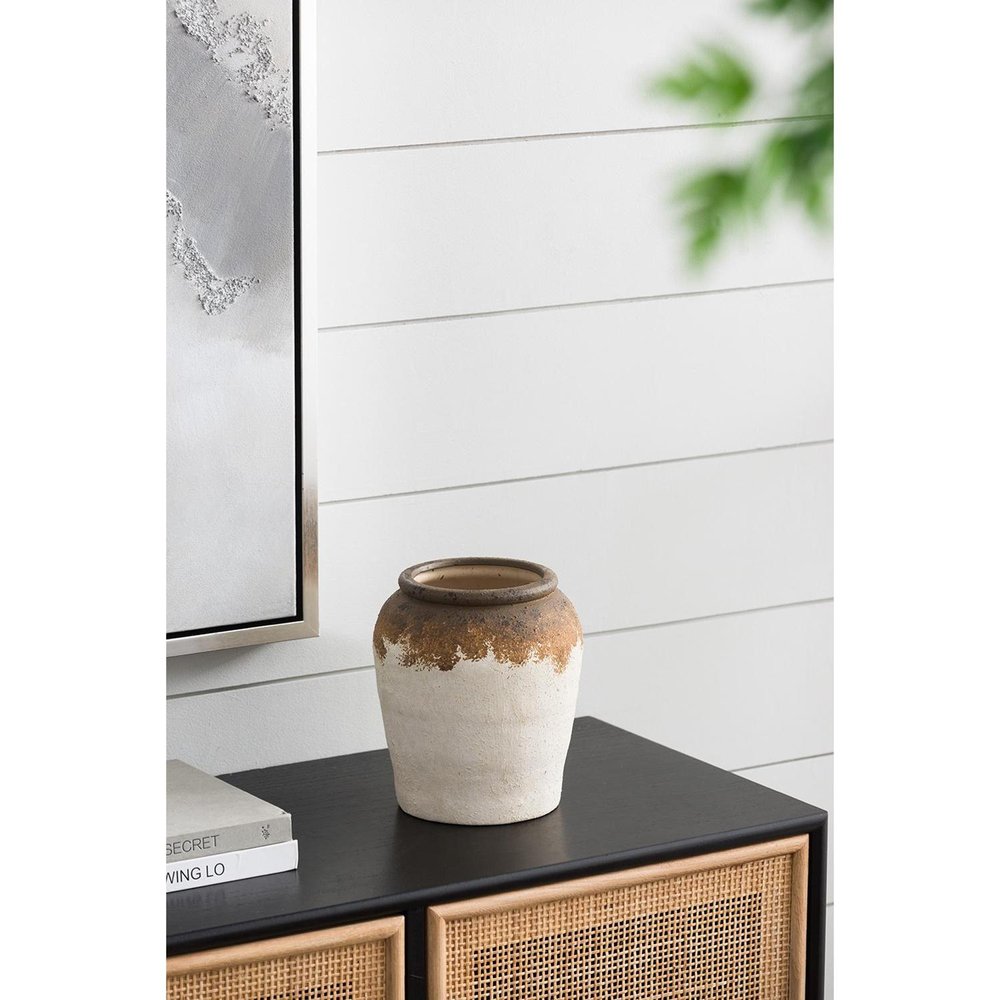 8" Brown And White Color Block Ceramic Round Table Vase