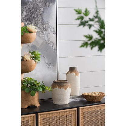 8" Brown And White Color Block Ceramic Round Table Vase