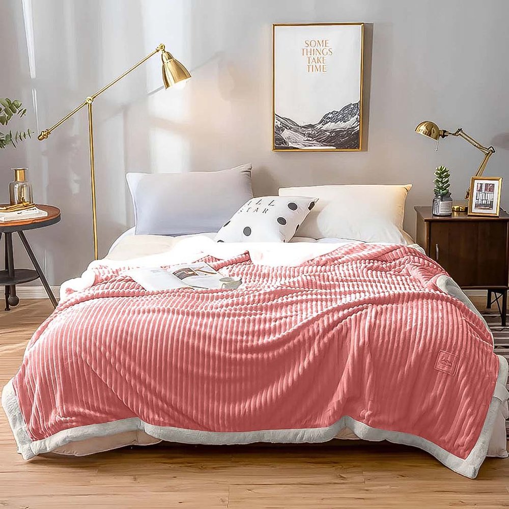 79" X 87" Pink Flannel Knitted Throw Blanket