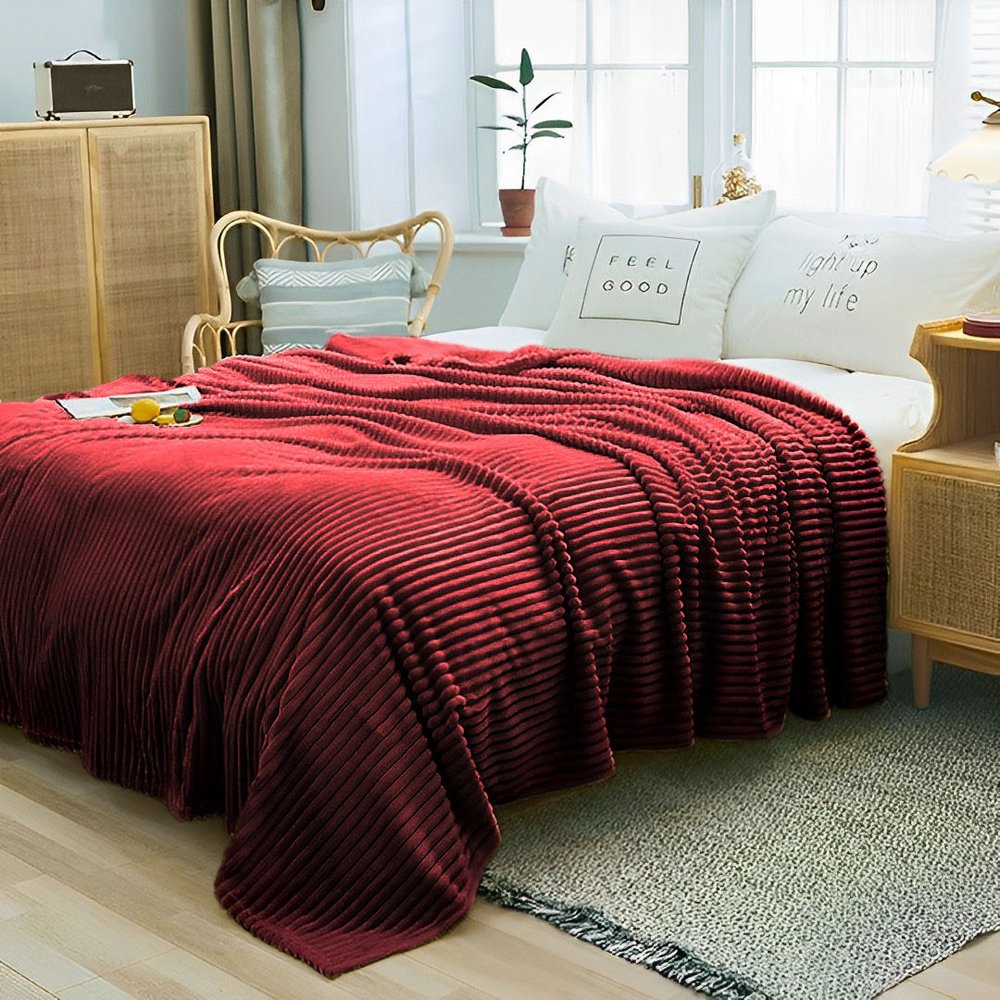 79" X 91" Burgundy Flannel Knitted Striped Throw Blanket