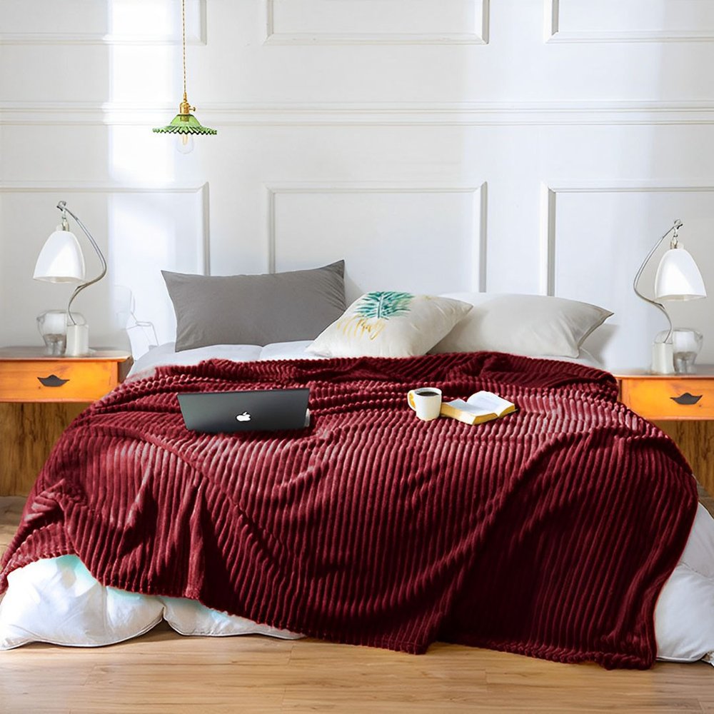 79" X 91" Burgundy Flannel Knitted Striped Throw Blanket