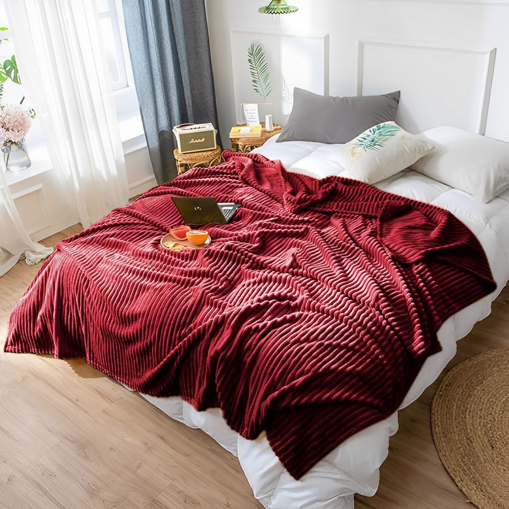 79" X 91" Burgundy Flannel Knitted Striped Throw Blanket