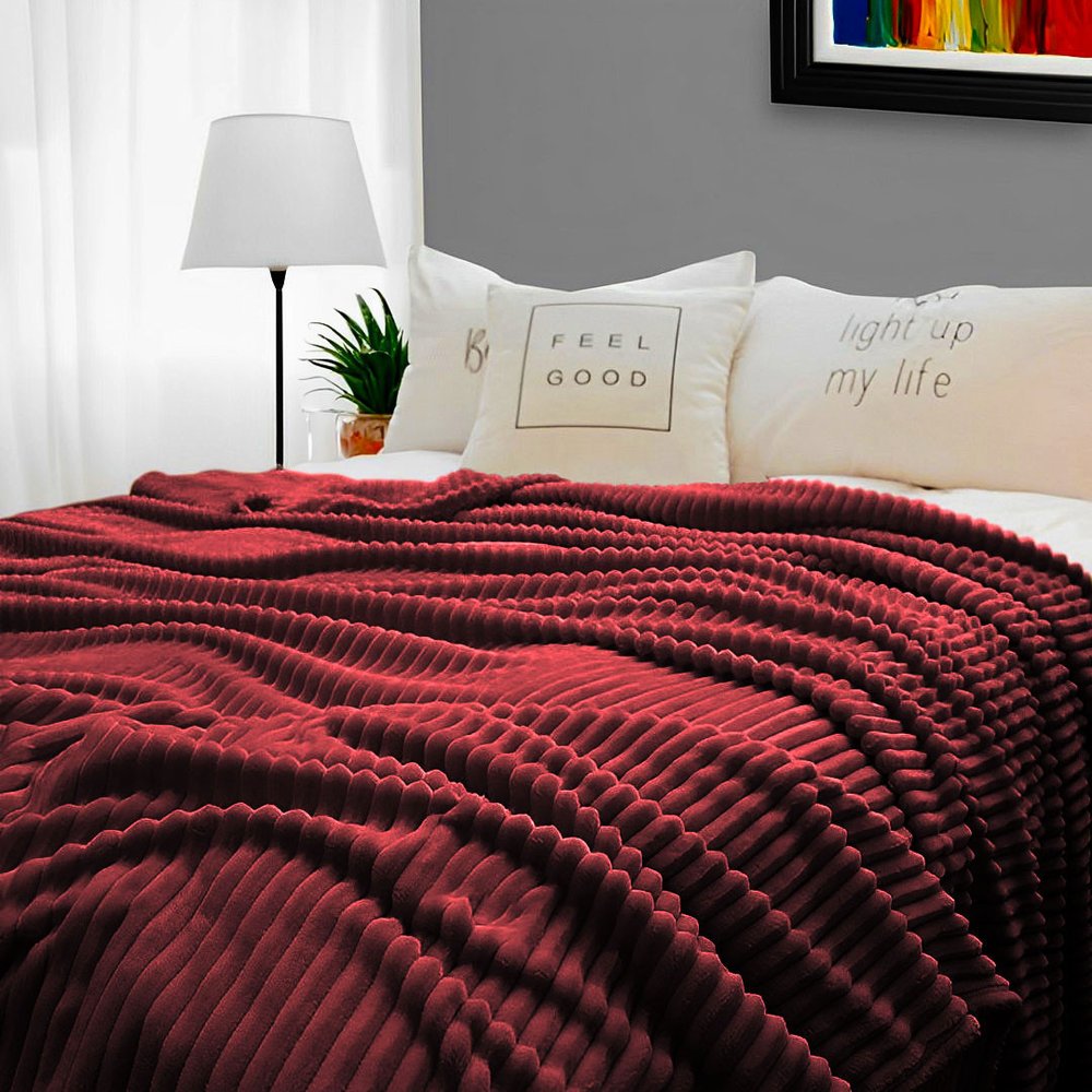 79" X 91" Burgundy Flannel Knitted Striped Throw Blanket
