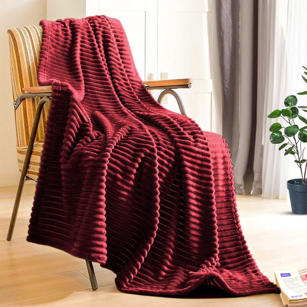 79" X 91" Burgundy Flannel Knitted Striped Throw Blanket