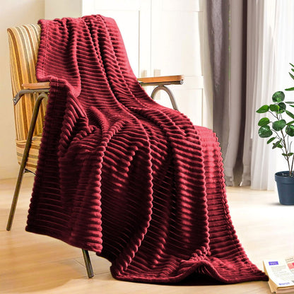 79" X 91" Burgundy Flannel Knitted Striped Throw Blanket