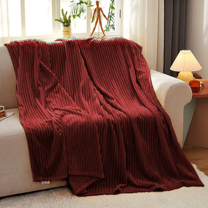 79" X 91" Burgundy Flannel Knitted Striped Throw Blanket