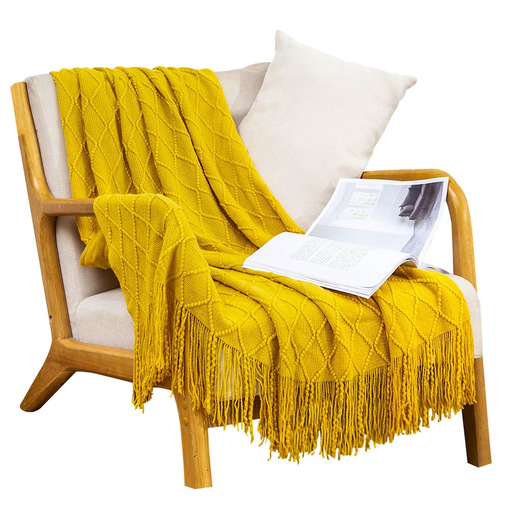 49" X 91" Yellow Flannel Knitted Geometric Throw Blanket