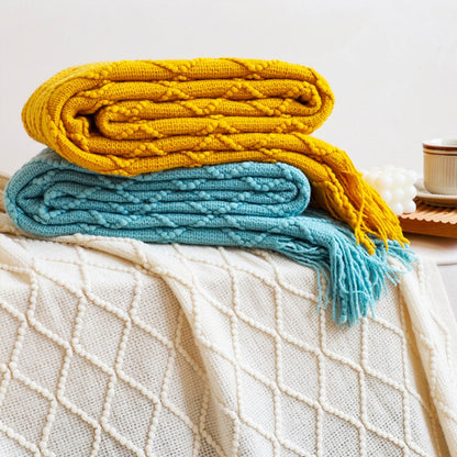 49" X 91" Yellow Flannel Knitted Geometric Throw Blanket