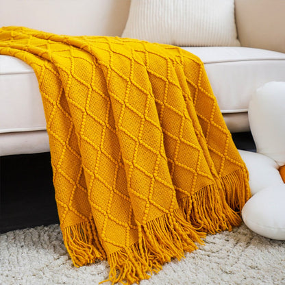 49" X 91" Yellow Flannel Knitted Geometric Throw Blanket