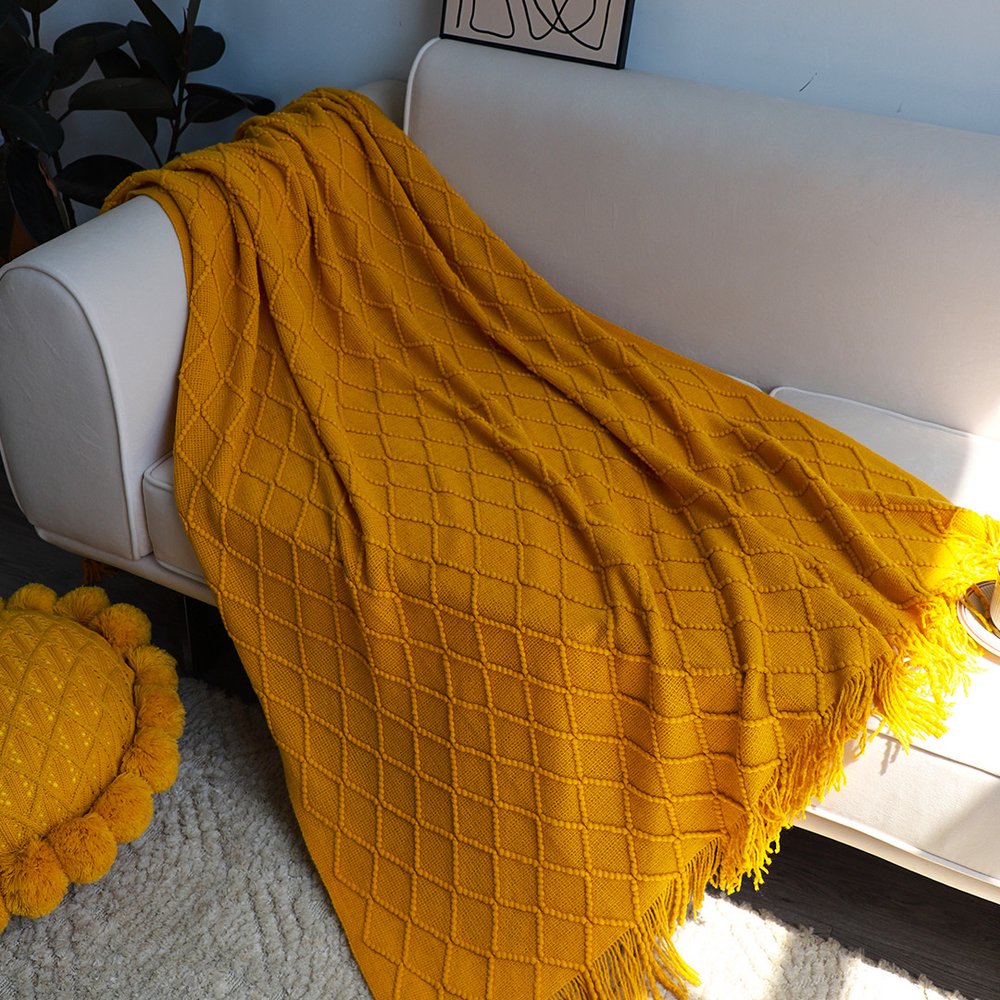 49" X 91" Yellow Flannel Knitted Geometric Throw Blanket