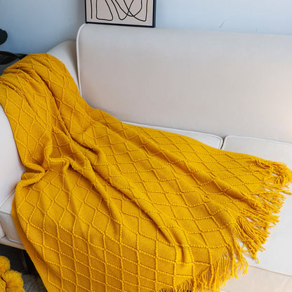 49" X 91" Yellow Flannel Knitted Geometric Throw Blanket