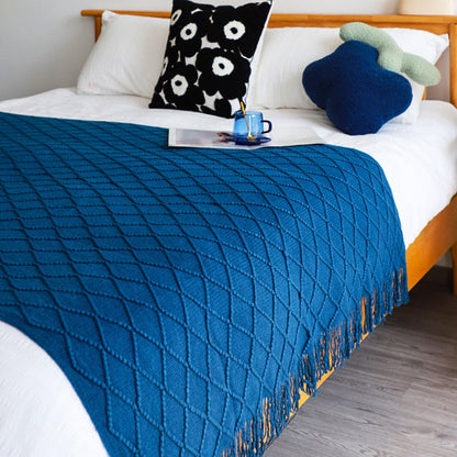49" X 91" Royal Blue Flannel Knitted Geometric Throw Blanket with Tassels