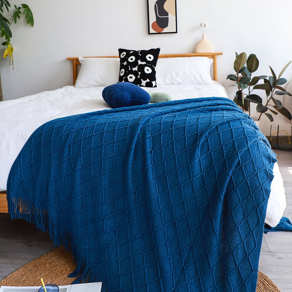49" X 91" Royal Blue Flannel Knitted Geometric Throw Blanket with Tassels